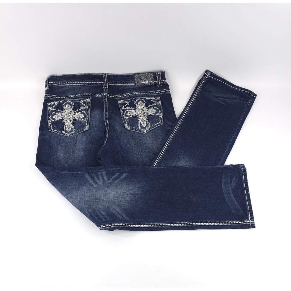 Grace In LA Womens Denim Jeans w/Embroidery Cross Pockets Bling Studs Size 17